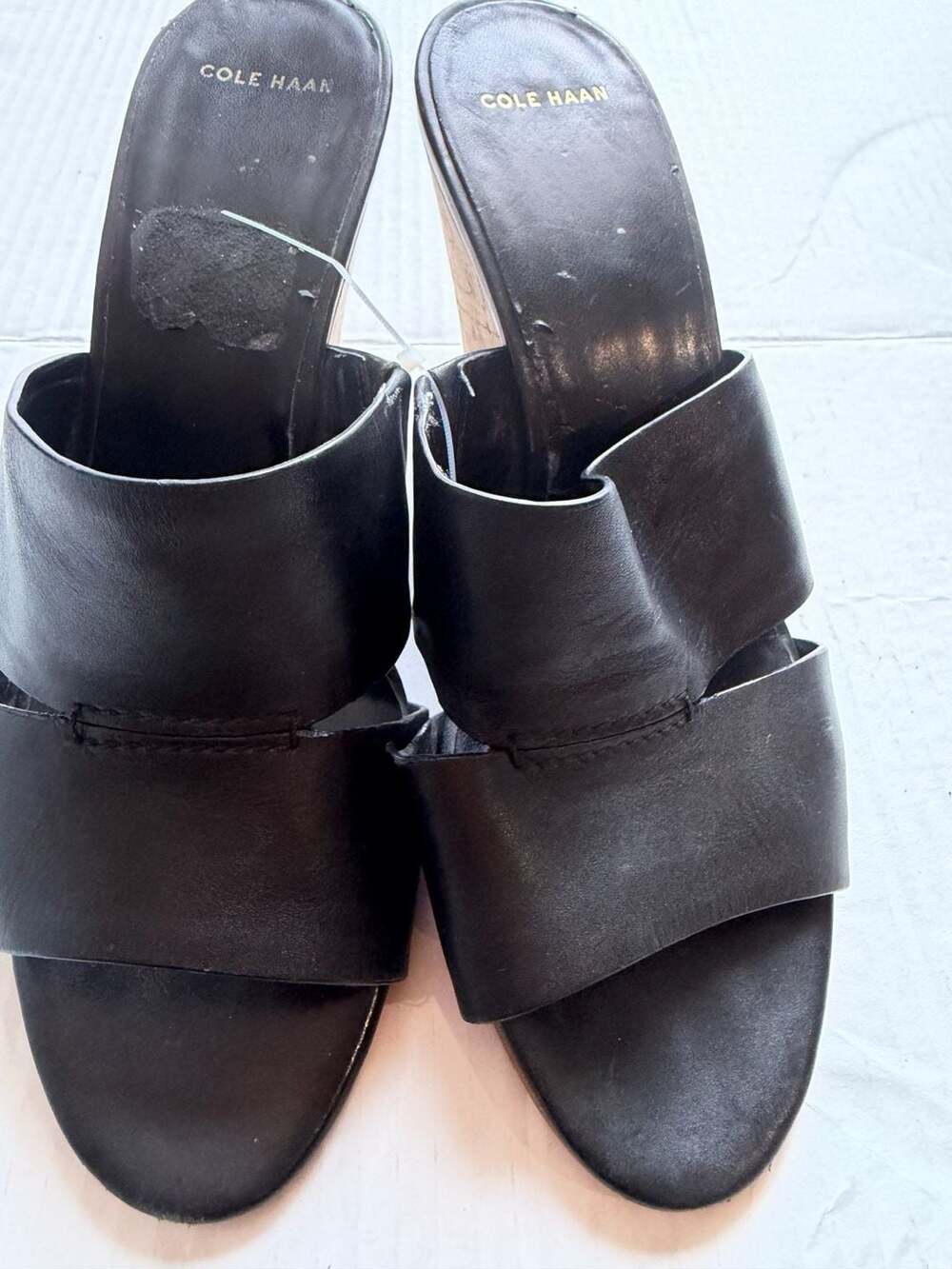 Cole Haan Black Leather Cork Wedge Mule Sandals